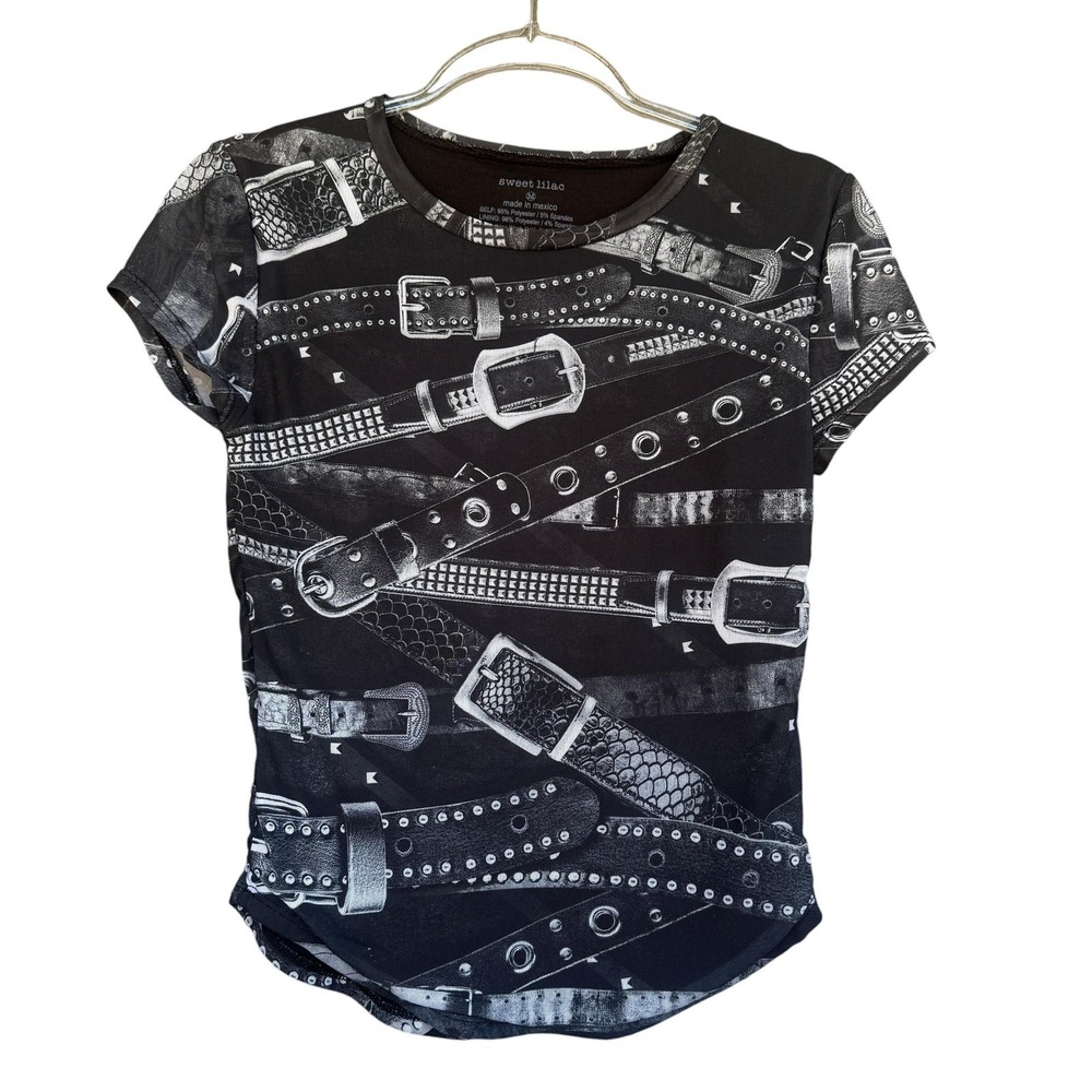 Sweet Lilac Shirt Womens Medium Black Belt Print Graphic T-Shirt Rock Biker